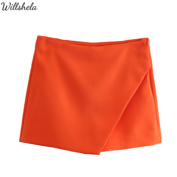 willshela-ผู้หญิงแฟชั่นฤดูใบไม้ผลิฤดูร้อนแข็งหลายสีไม่สมมาตรกระโปรงสไตล์กางเกงขาสั้นเก๋สง่างามหญิงสบายๆ-skorts-สั้น