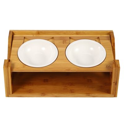 Bowls Pet Dining Table with Raised Slope Wooden Stand Elevated Pet Bowls with Oblique Stand for Cats, , Kitten and Puppy