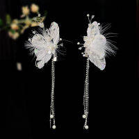 2Pcs ผีเสื้อ Hairpins Feather คลิปผมสำหรับผู้หญิง Pearl พู่ Headpiece งานแต่งงานเจ้าสาวเครื่องประดับผมเจ้าหญิง Tiaras Bijoux