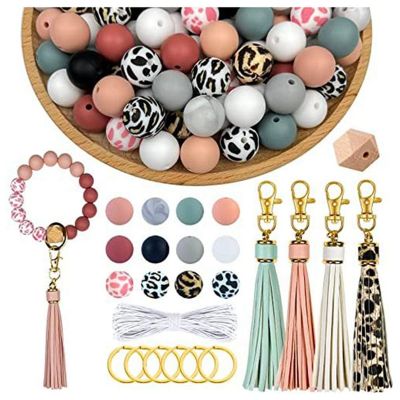 100Pcs Silicone Beads for Keychain Making,15mm Rubber Beads Kit for Bracelet Lanyards with Key Rings and Tassels