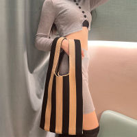 【CW】Knitted Fabric Women Handbag Stripes Design Eco Small Shopping Bag Decoration Purse Contrast Colors Woolen Cloth Tote For Ladies