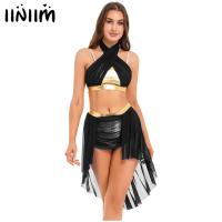 ชุดสตรี Modern Ballet Dance Performance เครื่องแต่งกาย Patchwork Halter Crop Top แยก Ruffled Asymmetrical Hem กระโปรง