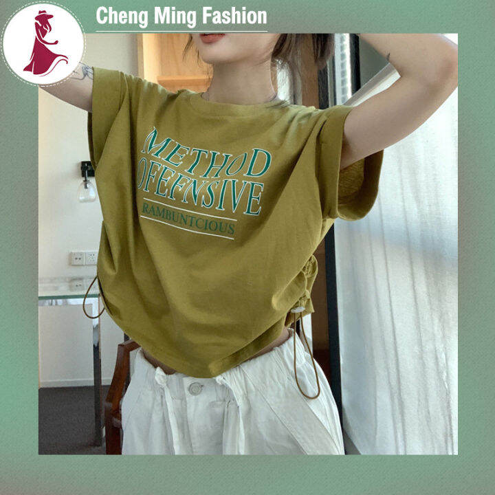 cheng-เสื้อยืดแขนสั้นผู้หญิง-เสื้อครอปทรงหลวมผูกเชือกแฟนซีฉบับภาษาเกาหลีฤดูร้อนสไตล์ใหม่