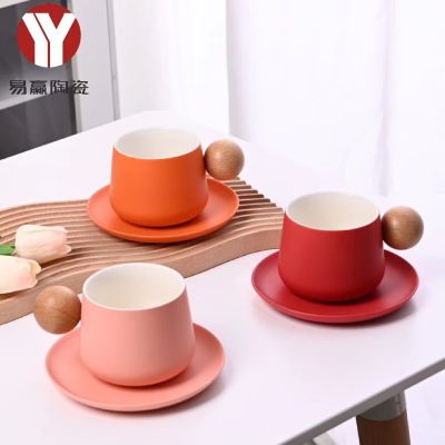►☏  Yiying spherical wooden handle ceramic mug Morandi coffee cup and saucer set macaron water