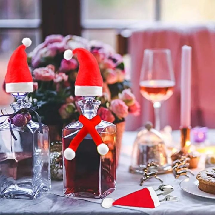 หมวกขวดไวน์คริสต์มาสแบบนอนวูฟเวนชุดผ้าพันคอ-มินิหมวกซานต้าสีแดง5ชุดสำหรับแชมเปญปลอกห่อขวดเครื่องประดับโต๊ะปาร์ตี้วันหยุด-วันหยุด