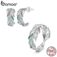 Bamoer 925 Sterling Silver Rainbow Zircon Feather Rings and Earrings Jewelry Set Pave Setting CZ for Women Fine Jewelry Making