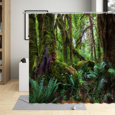 Rainforest Shrub Landscape Shower Curtain Tropical Spring Green Nature Scenery Bathroom Decor Waterproof Curtains With 12 Hooks