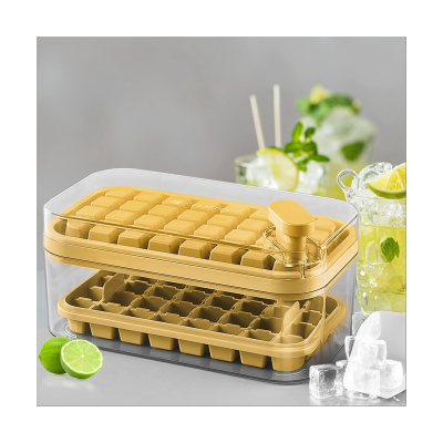 2 Pack Ice-Cube Tray with Lid and Bin Ice-Cube Trays for Freezer 64 Pcs Ice-Cube Mold (Yellow)