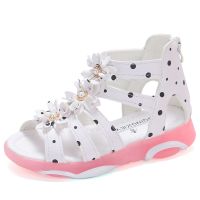 Girls Sandals Flowers Kids Roman Sandals Children Gladiator Shoes Soft Leather With Dots Zipper Pearl Beading Toddler 1-12 Years