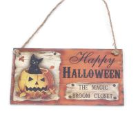 "Happy HALLOWEEN THE BROOM CLOSET" Wooden Hanging Board Rectangle Hanging Wall Sign Decoration for Halloween Party