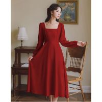 [Limited time promotionspot] White Hepburn Long Sleeve Dress Female Spring Square Collar Waist Waist Was Thin Retro Underpinning Long Skirt Female