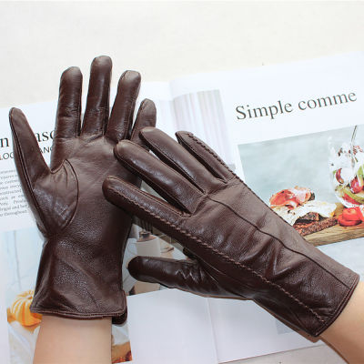 New womens leather gloves color short sheepskin striped velvet lining winter gloves for cold and warm