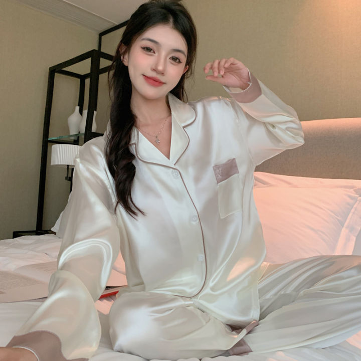 Spring and Autumn New Solid Color Love Sweet Simple Pajamas Womens Long  Sleeve Cardigan Long Pants Home Suit Pyjamas Two Piece Set
