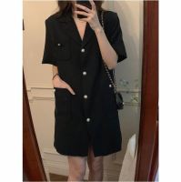 2023 Summer New Korean Fit Polo Neck Loose Pearl Single Row Suit Collar Small Fragrant Short Sleeve Dress