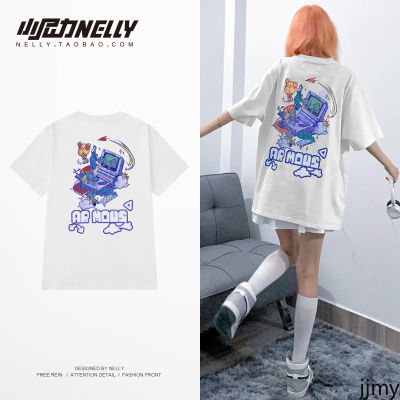 Instagram Doodle 2022 Summer New Ice Short Sleeve T-shirt High-end Ice Silk Lady Couples Fashion Brand Loose Bf Trend