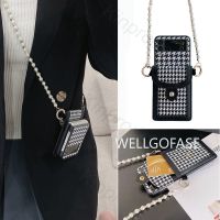 [LWF HOT]▣ Fashion Crossbody Pearl Lanyard Houndstooth Purse Phone Case For Samsung Galaxy Z Flip 4 Z Flip 3 5G Leather Wallet Cover