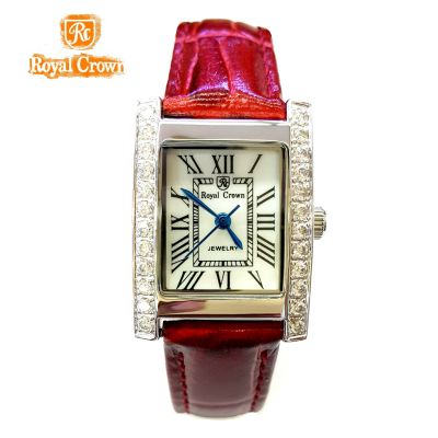 Royal Crown นาฬิกาประดับเพชรสวยงาม สำหรับสุภาพสตรี สายหนัง รุ่น 6306-LE (Red)