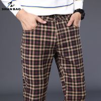 SHAN BAO 2022 Autumn Spring Cotton Stretch Brand Plaid Pants Classic Style Youth Mens Fitted Straight Casual Trousers 6 Colors