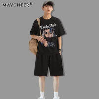 MAYCHEER   ชุดฤดูร้อนแบบลำลองสำหรับผู้ชาย,เสื้อยืดแขนสั้นหลวมสำหรับผู้ชายญี่ปุ่นและเกาหลีขายดี