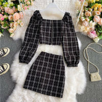 Plaid Two Piece Sets Women Fashion Square Neck Long Sleeve Crop Top Mini Skirtsoutfits Korean Ladies Black Suits Clothes