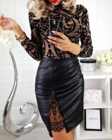 Sexy Women Mini Skirt Black Lace Fashion Girls PU Faux Leather Uniform Lace Hight Waist Tight Pleated Skirt Pencil Skirt