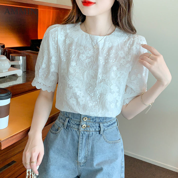 ammin-2023-summer-new-round-neck-short-sleeve-chiffon-shirt-womens-korean-style-embroidered-three-dimensional-flowers-sweet-puff-sleeves-white-elegant-blouse-female-ins-tops