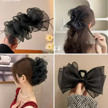 1pc Lady's Black Rose Flower & Bowknot Design Hair Clip With Long Ribbon,  Suitable For Daily Wear