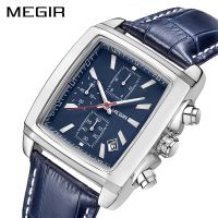 MEGIR Leather Blue Watch Men Top nd Luxury Chronograph Military Quartz Watches for Man Waterproof Luminous Reloj Hombre 2028