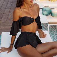 HOT★New Sexy Solid Strapless Swimwear Ruffle Sleeve Two Pieces Bathing Suit Cover Up Skirt Beachwear Bather Купальник Женский