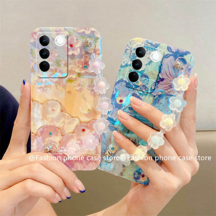 phone-case-เคส-vivo-v27e-v27-pro-5g-y02a-วินเทจพรีเมี่ยมบลูเรย์เคสโทรศัพท์ภาพดอกไม้ภาพสีน้ำมันปกนุ่มพร้อมสร้อยข้อมือ2023