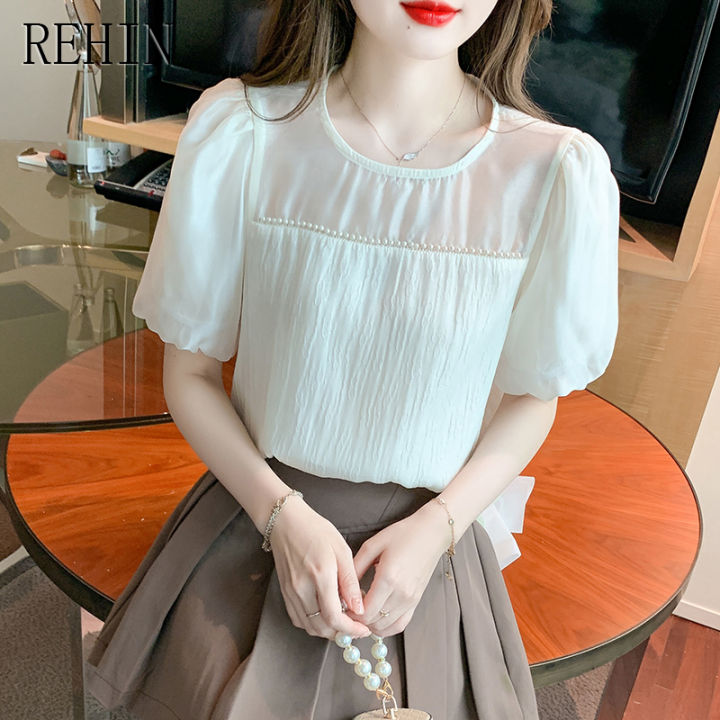 rehin-เสื้อผู้หญิงแขนสั้น-เสื้อสไตล์เกาหลีแบบใหม่ฤดูร้อนแขนสั้นคอกลมหลวมประกบเสื้อหรูหราอเนกประสงค์