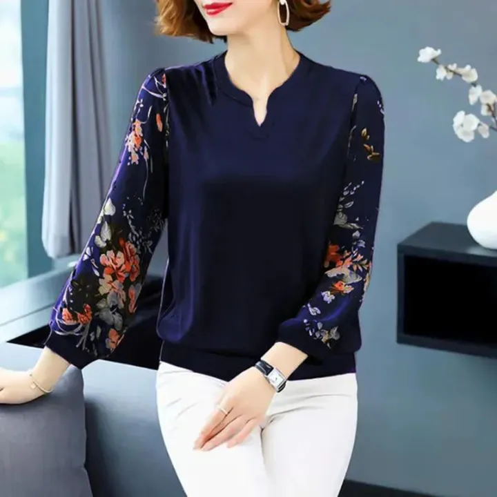 women-lantern-sleeve-blouse-long-sleeves-loose-bottoming-shirt-round-neck-printing-pullover-tops