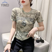 YIMEI เสื้อมีกลิตเตอร์สำหรับผู้หญิง2023ใหม่เสื้อฝังเพชรตัวอักษรฤดูร้อนแขนสั้นเข้ารูปพอดีของผู้หญิงบางเสื้อยืดผ้าตาข่ายคอกลม