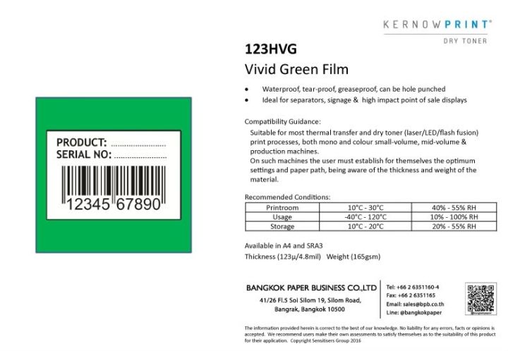 kernow-print-dry-toner-vivid-green-film-123-micron-4-8mil-155gsm-123hvg-กระดาษเคอร์นาว-กระดาษสังเคราะห์สำหรับเครื่องพิมพ์ดิจิตอล-เครื่องถ่ายเอกสาร-ขนาด-a4-10แผ่น-แพ็ค