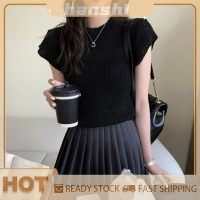 hanshi [2023 new HOT FASHION] lazlook เสื้อยืดถักแบบย้อนยุคสีทึบสำหรับผู้หญิงเสื้อครอปแขนยาวคอกลม