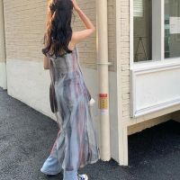 ‘；’ MEXZT Y2K Tie Dye Tulle Sheer Dress Women  Spaghetti Strap Midi Dress Streetwear Harajuku Mesh See Through Loose Sundress