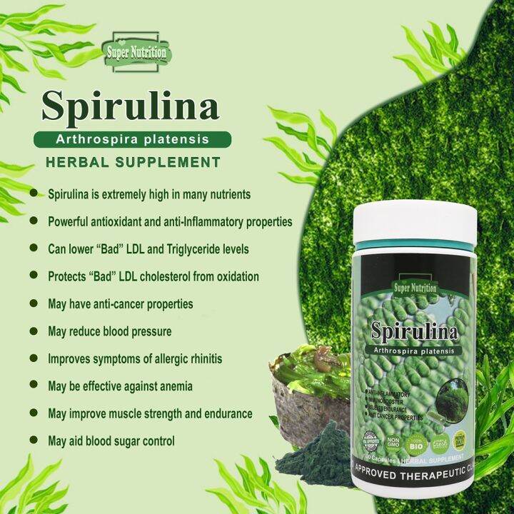 ☚Super Nutrition Spirulina Herbal Supplement 100 Capsules (Arthrospira