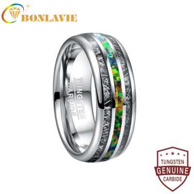 Bonlavie Men39กว้าง8มม. แหวนหมั้น S แหวนแต่งงานฝังอุกกาบาตสีดำสีเขียวโอปอลแหวนแร่ทังสเตนทังสเตน