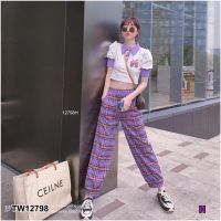 TW12798 Set 2 ชิ้น เสื้อคอปกเอวลอย + กางเกงลายสก็อตขายาว