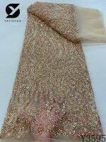 2023 Latest Gorgeous Gold African Handmade Beads Laces Fabrics Luxury Nigerian Sequins Mesh Lace Fabric For Party Dress Y3595 Fabric  Material