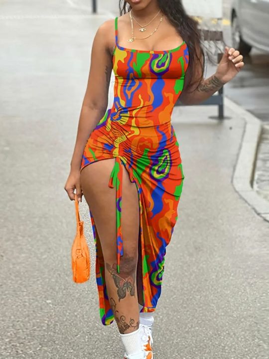 lw-sexy-slim-multicolor-ruched-drawstring-thigh-split-cami-bodycon-dress-backless-lace-up-high-opening-shirred-maxi-vestidos