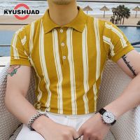 KYUSHUAD เสื้อโปโลระบายอากาศแขนสั้นสำหรับผู้ชายฤดูร้อนผ้าไอซ์ซิลค์ลายทาง