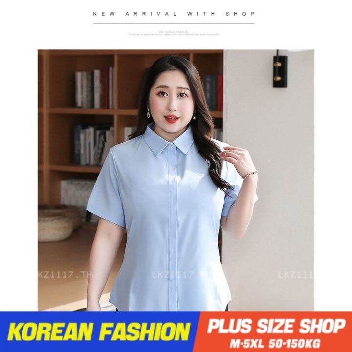 plus-size-เสื้อผ้าสาวอวบ-เสื้อสาวอวบอ้วน-ไซส์ใหญ่-ผู้หญิง-เสื้อเชิ้ตทำงาน-ใส่ทำงาน-เชิ้ตทำงาน-คอปก-แขนสั้น-สีขาว-ฤดูร้อน-สไตล์เกาหลีแฟชั่-v728