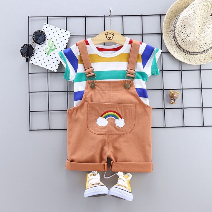 mengqi-2021-new-baju-baby-boys-and-girls-pure-cotton-stripe-short-sleeve-rainbow-back-belt-pants-2-sets-of-quality-childrens-wear