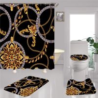 [HOT TAIOPXKWLGLW 585] Baroque Pattern Polyester Shower Curtains Set Gold Non-Slip Toilet Set Mat Set Waterproof Bathroom Accessories Bath Curtain 4Pc