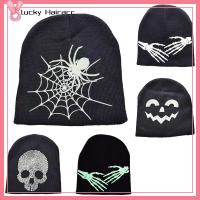 LUCKY HAIRACC โกธิค หมวกบีนนี่ ที่ส่องสว่างส่องสว่าง ฤดูหนาวที่อบอุ่น หมวก skullies beanies แฟชั่นสำหรับผู้หญิง ใยแมงมุมสไปเดอร์ หมวกถักนิตติ้ง ชายหญิง