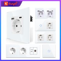 Tuya branco inteligente interruptor de luz e tomada wi-fi com cristal painel de vidro parede soquetes com usb tipo-c tv internet cat6 rj45 tomada