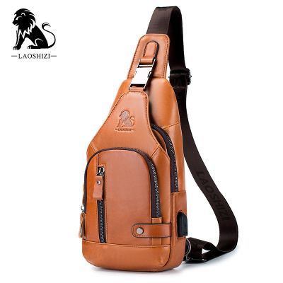 【CW】 Brand Leather Men  39;s chest pocket crossbody bags with USB rechargeable bag 7.9 inches iPai pockets