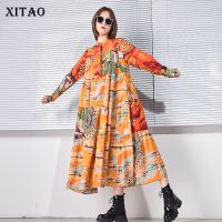 XITAO Dress Loose Women Print Long Sleeve Stand Collar Shirt Dress