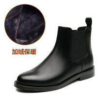 Sepatu BOOT Pendek แบนของผู้หญิง2022ฤดูใบไม้ร่วงและฤดูหนาวใหม่รองเท้าบูทเชลซีรองเท้าบูท Martin หนังวัวบางและอเนกประสงค์สไตล์อังกฤษ